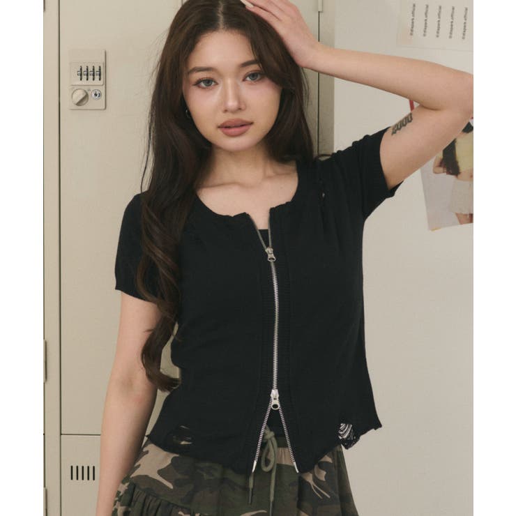 ブラック | ダメージジップアップトップ | WEGO【WOMEN】