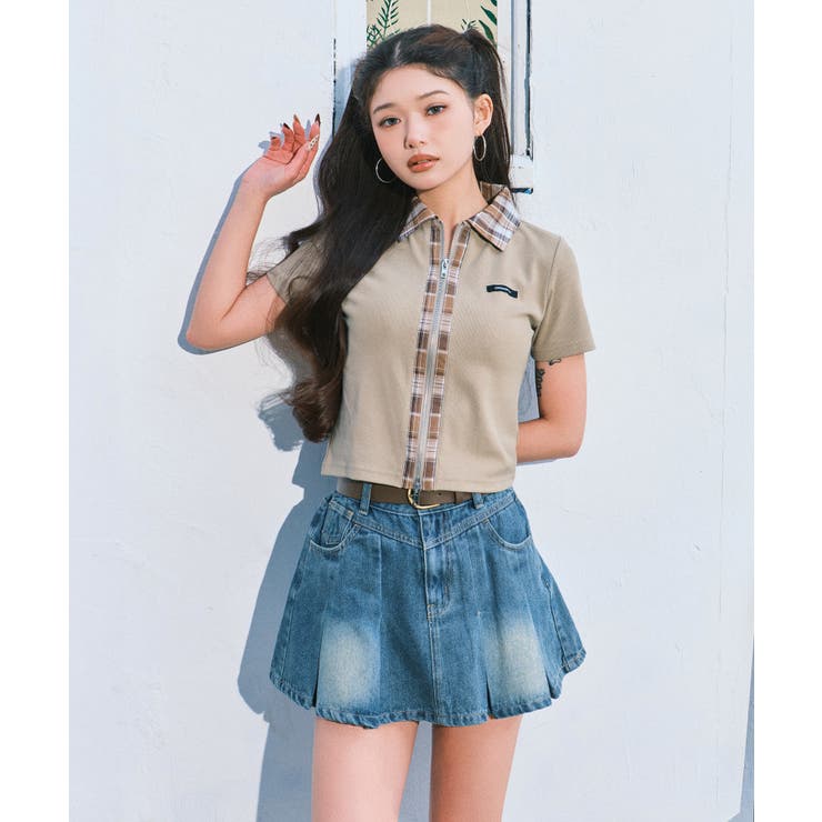 デニム中濃色 | ベルト付きウォッシュドデニムミニスカパン | WEGO【WOMEN】