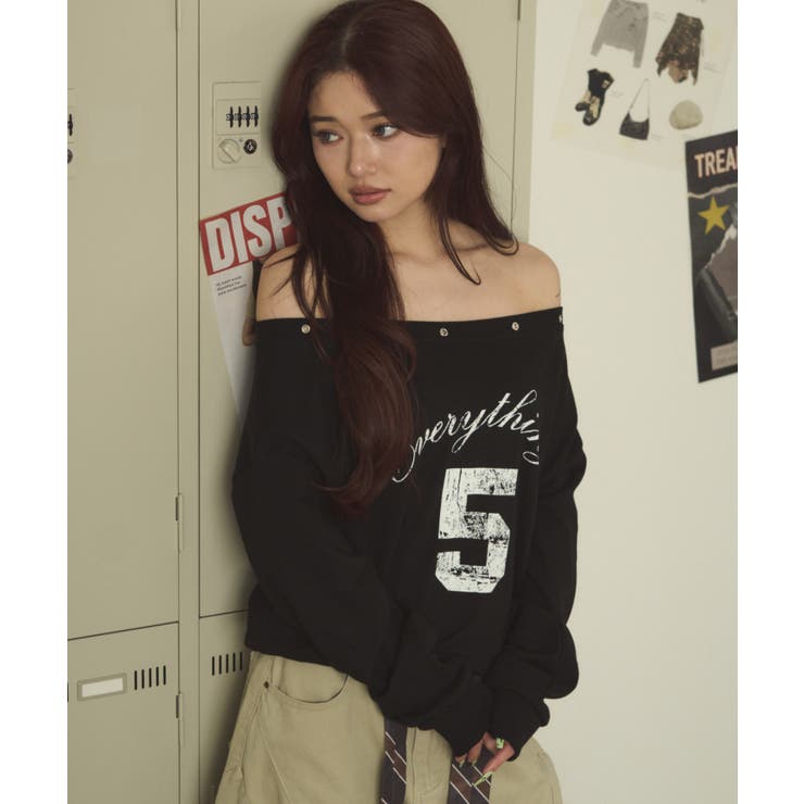 ブラック | アイレットオフショルナンバリングトップ | WEGO【WOMEN】
