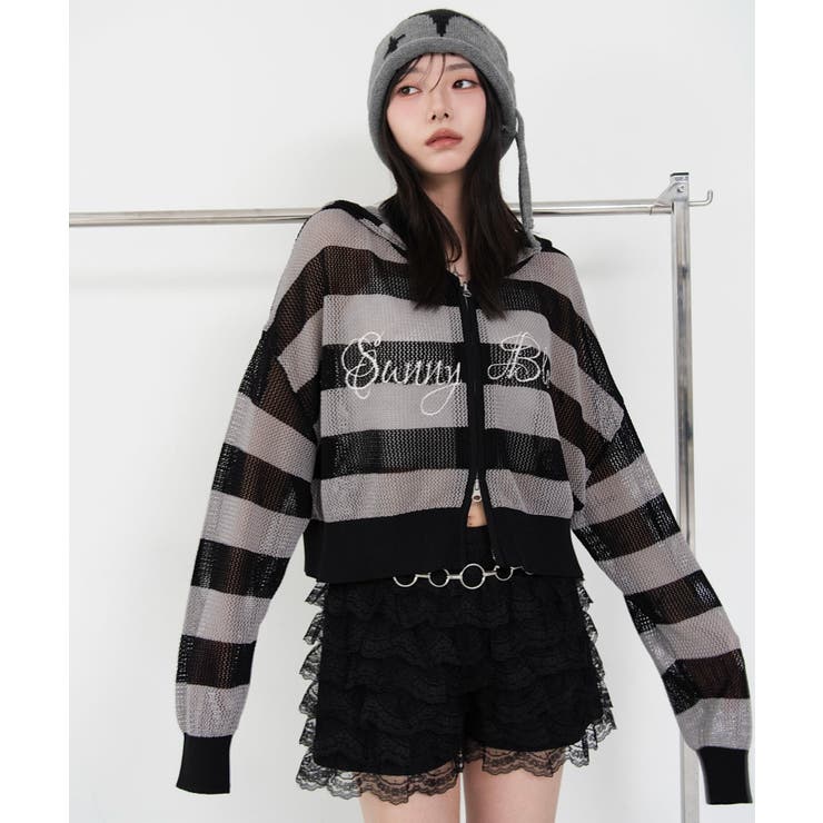 グレーボーダー | 刺繍ロゴメッシュニットパーカー | WEGO【WOMEN】