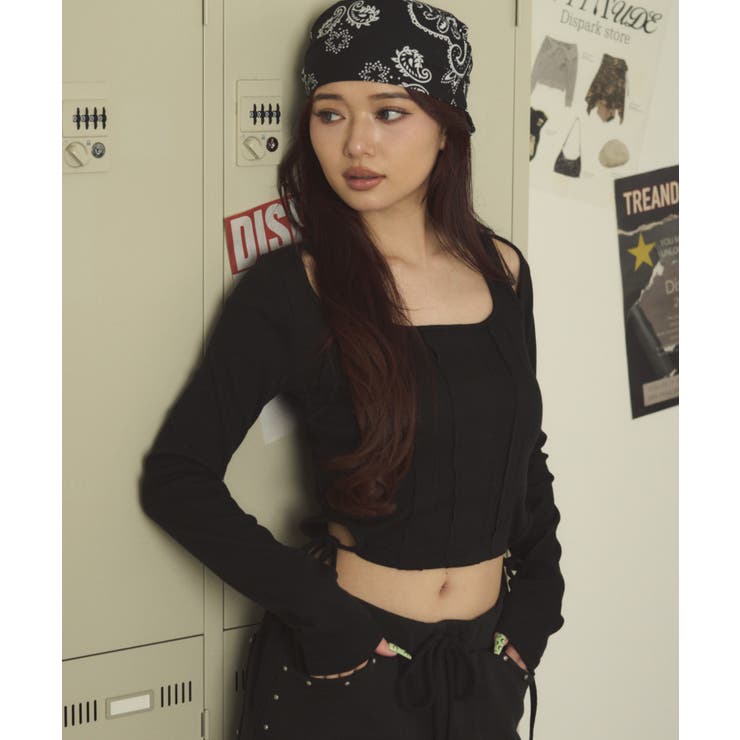 ブラック | リボンヘムオープンショルロンT | WEGO【WOMEN】