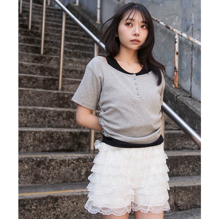 杢グレー | レイヤードキーネック半袖T | WEGO【WOMEN】