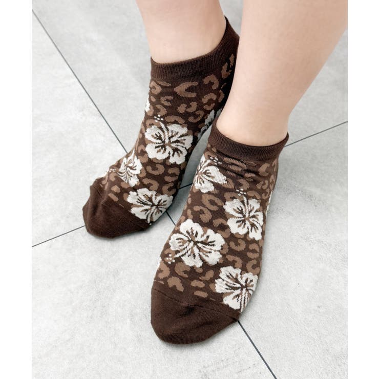 ブラウン | ハイビスカス柄ショートソックス | WEGO【WOMEN】