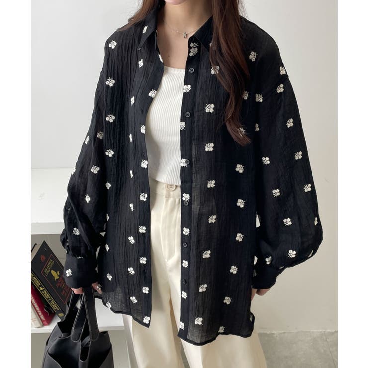 ブラック | 楊柳刺繍BIGシャツ | WEGO【WOMEN】
