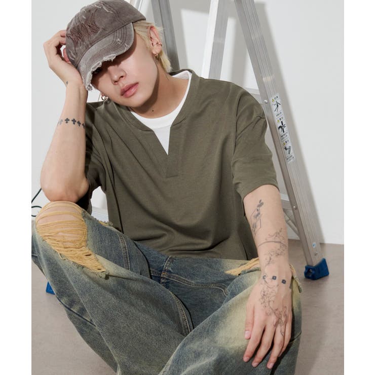 カーキ | キーネックフェイクレイヤードT(SS) | WEGO【MEN】