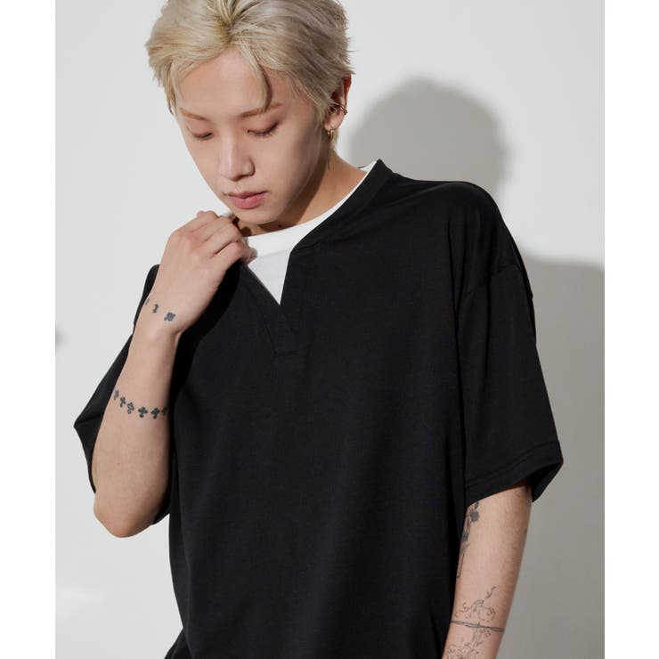 ブラック | キーネックフェイクレイヤードT(SS) | WEGO【MEN】
