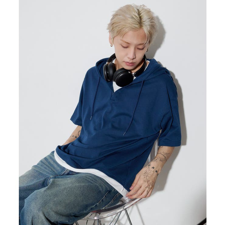 ネイビー | フェイクレイヤードTパーカー | WEGO【MEN】