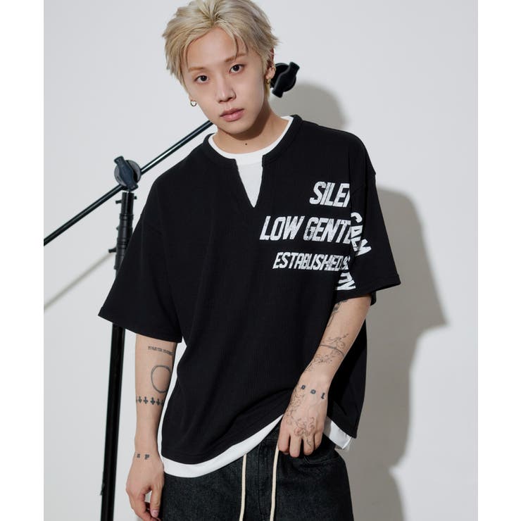 ブラック | キーネックフェイクレイヤードグラフィックT(SS) | WEGO【MEN】