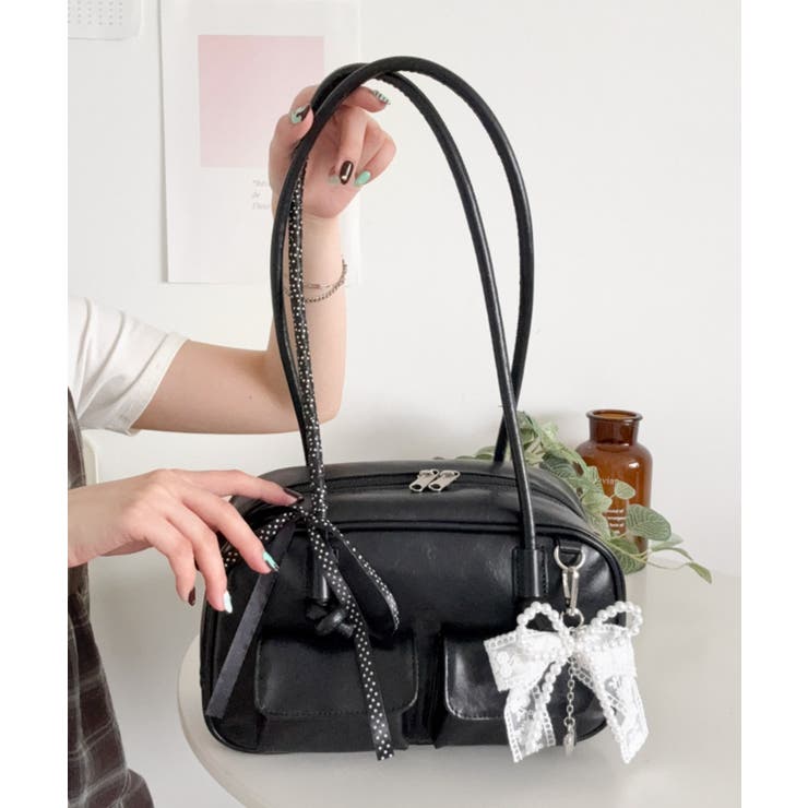 ブラック | レイヤーリボンチャーム付きボストンバッグ | WEGO【WOMEN】