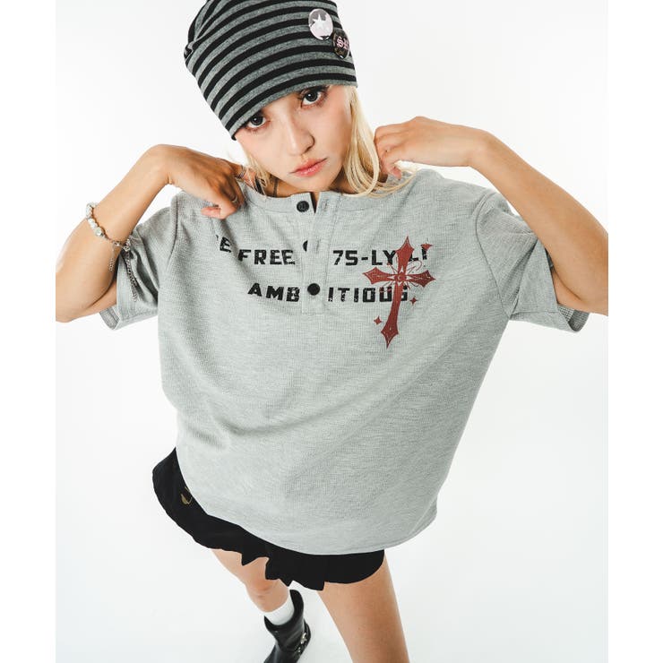 杢グレー | ワッフルクロスロゴヘンリーネックT(SS) | WEGO【MEN】