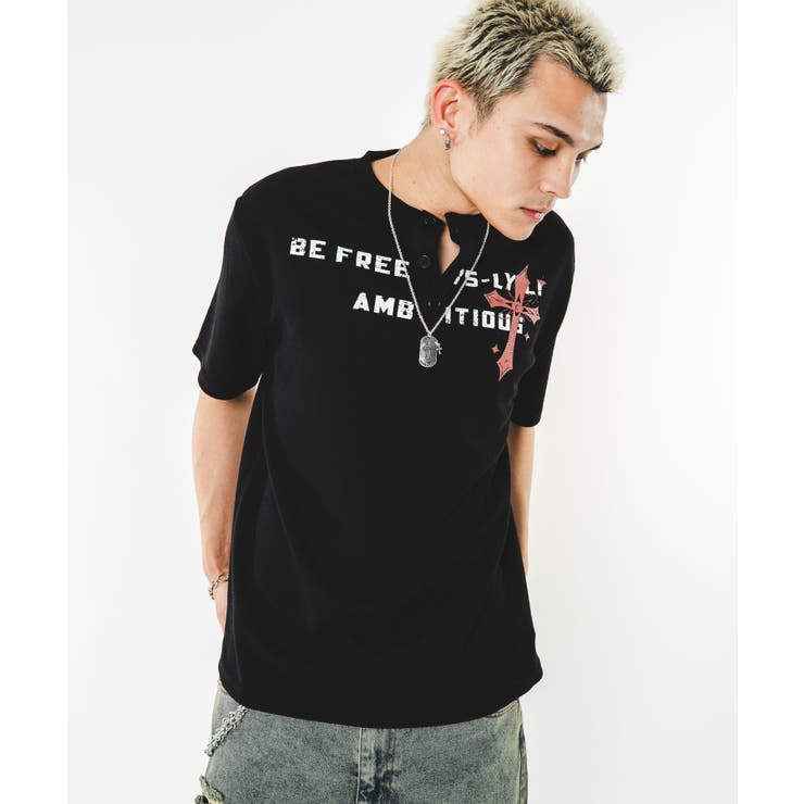 ブラック | ワッフルクロスロゴヘンリーネックT(SS) | WEGO【MEN】