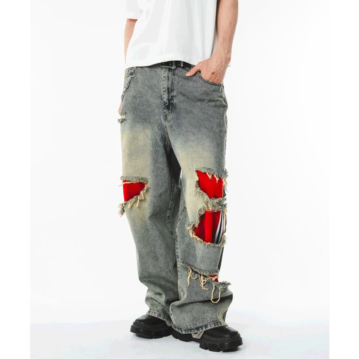 ジャージレイヤードダメージデニムパンツ | WEGO【MEN】 | 詳細画像1 