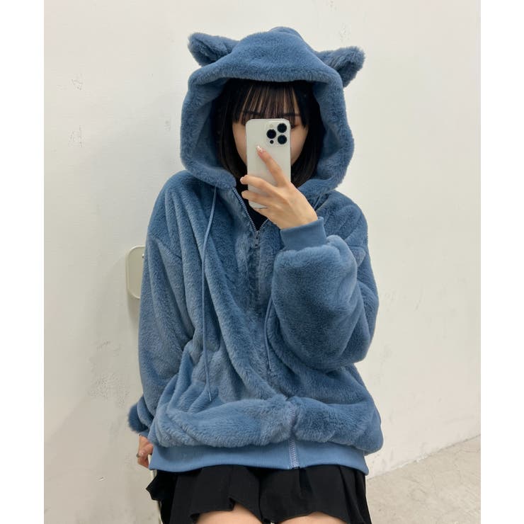 3color 】ファーフードジップアップパーカー ／ fur zipup hoodie