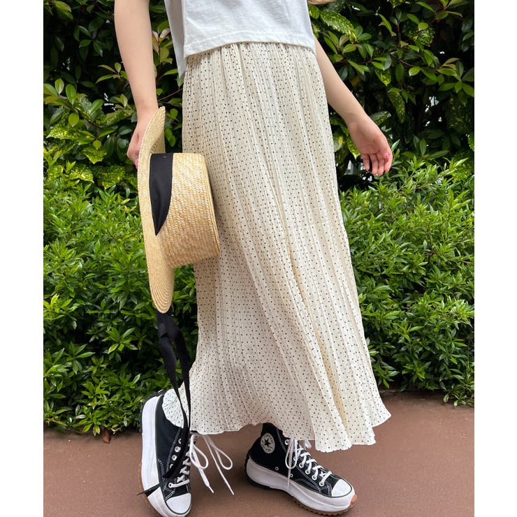 ドットプリーツロングスカート 韓国 韓国ファッション[品番