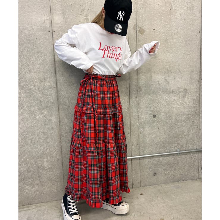 Iライン ファッション coyseio 赤と黒のチェック柄ティアード