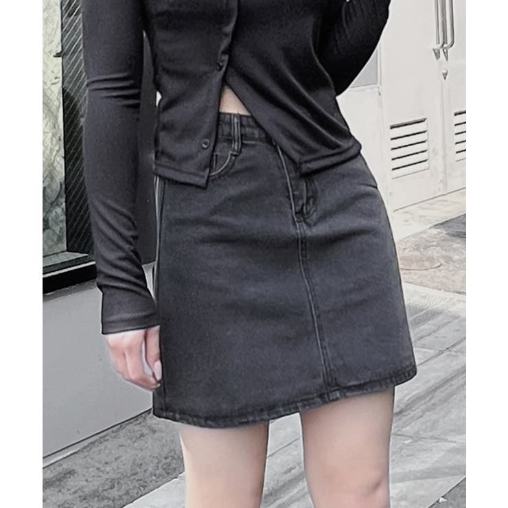 ブラック】デニム台形ミニスカート 韓国 韓国ファッション[品番