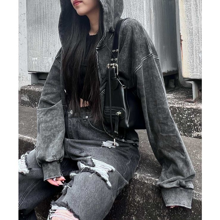 ブラック | 【Figments】ピグメントビジューZIPパーカー | WEGO【WOMEN】