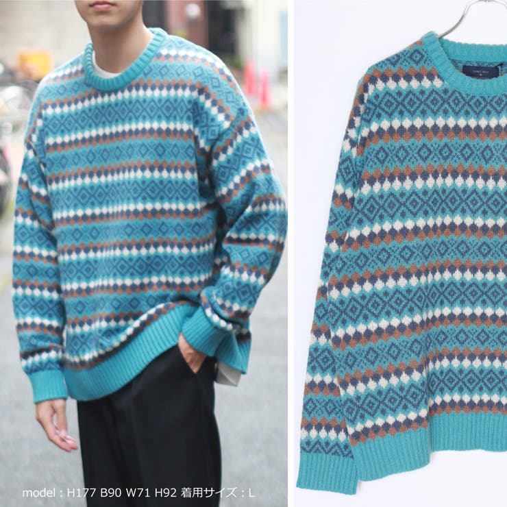 01.ターコイズブルー | ジャガードボーダー柄オーバーサイズクルー | WESTSEA