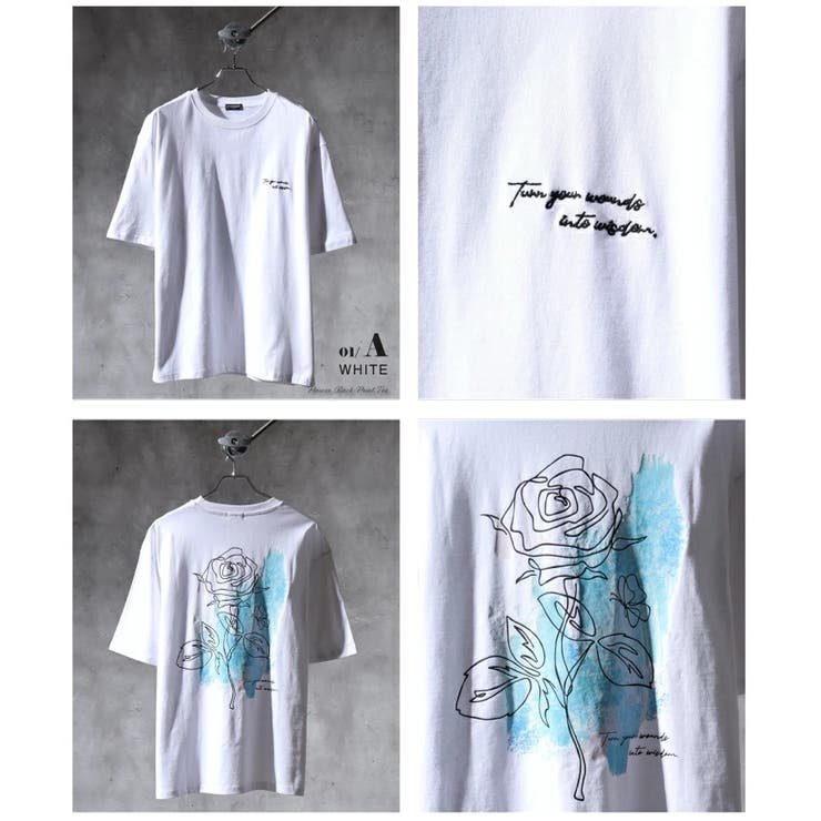 01.ホワイトA(バラ) | バックプリント 花柄Tシャツ 半袖 オーバーサイズ | WESTSEA