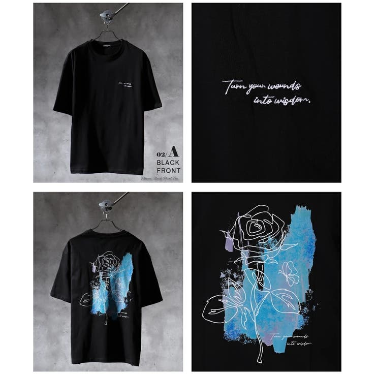02.ブラックA(バラ) | バックプリント 花柄Tシャツ 半袖 オーバーサイズ | WESTSEA
