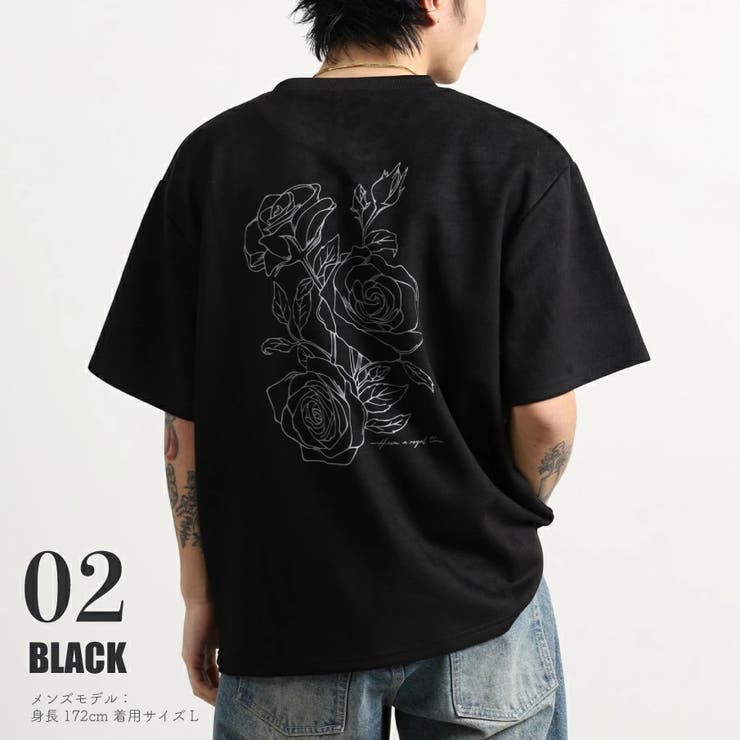 02.ブラック | フェイクスエード ローズ バックプリント | WESTSEA