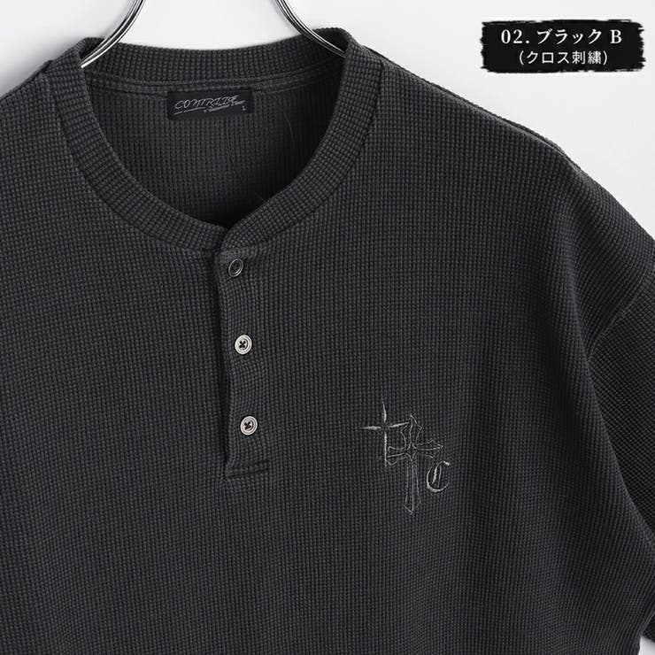 02.ブラックB（クロス刺繍） | ピグメント加工 ワッフル ヘンリーネックTシャツ | WESTSEA