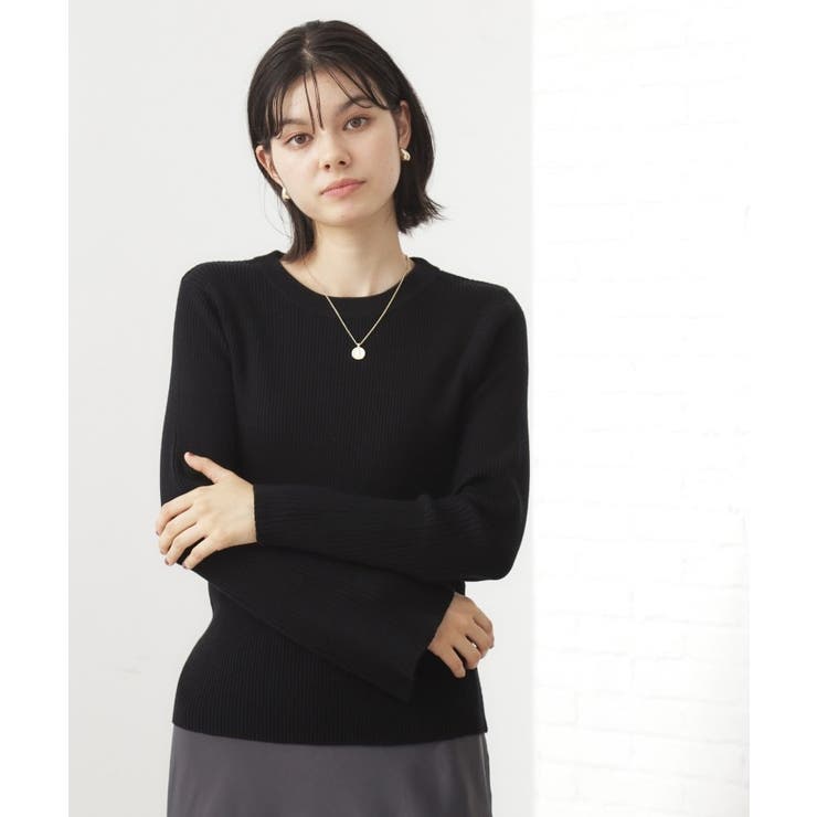 ブラック(019) | 【品よく魅せる】フレアスリーブ リブニット 毛玉になりにくい | THE SHOP TK