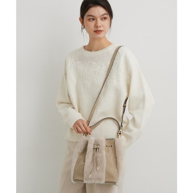 ライトベージュ(051) | フェイクファー切り替え巾着バッグ | THE SHOP TK