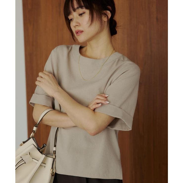 ベージュ(052) | 【二の腕カバーに】さらり麻調メッシュ5分袖ブラウス | THE SHOP TK