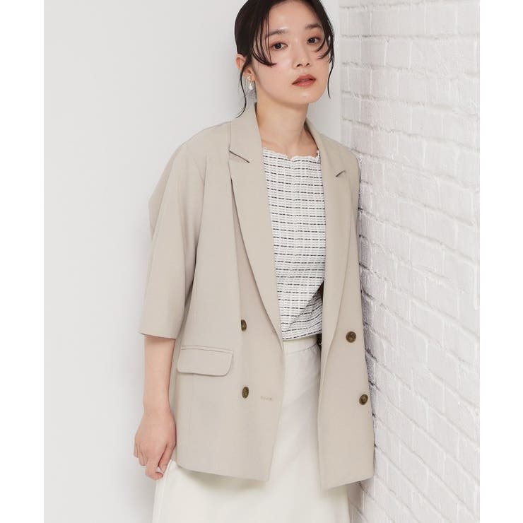 グレージュ(050) | 【セットアップ可】麻調ダブルブレスト 6分袖ジャケット | THE SHOP TK