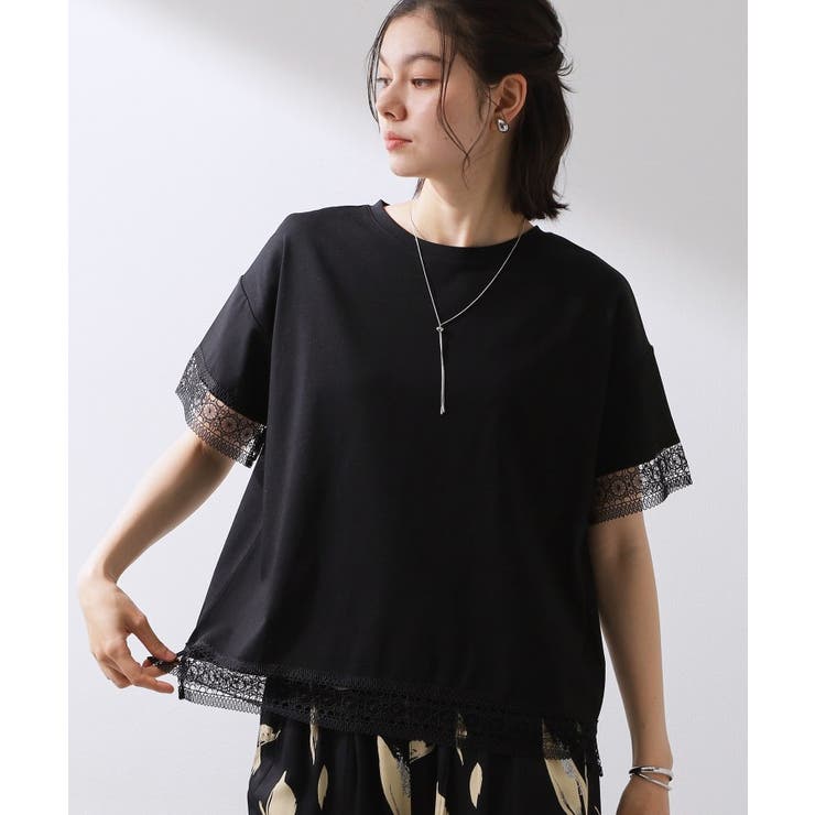 ブラック(019) | 【インせず着られる】モチーフレース切替Tシャツ | THE SHOP TK