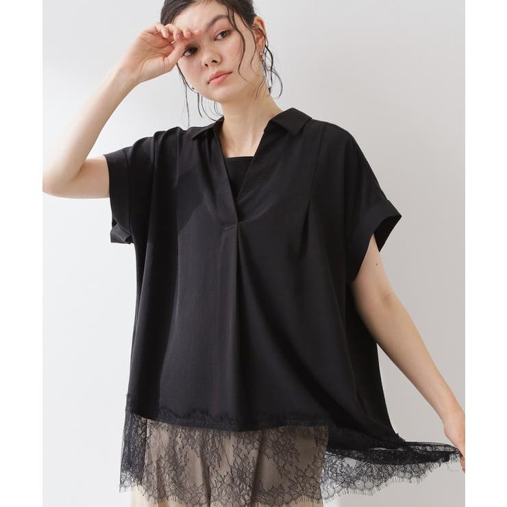 ブラック(019) | 【ひんやり/体型カバー】裾レース切り替え スキッパーシャツ | THE SHOP TK