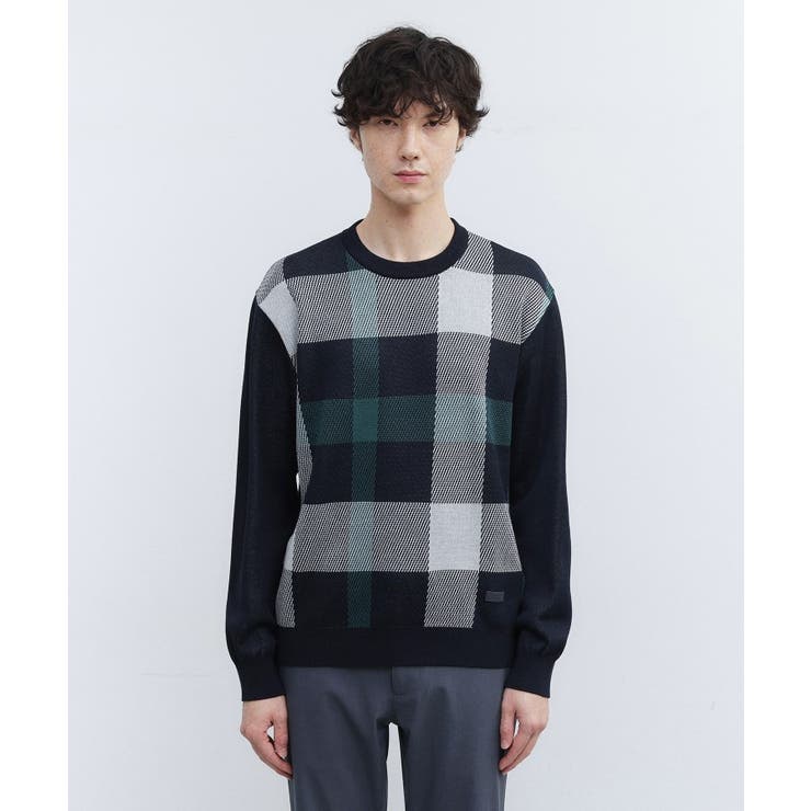 ネイビー(294) | 【Made in JAPAN】ビッグチェック＆スライドパズル柄 ニット | TAKEO KIKUCHI