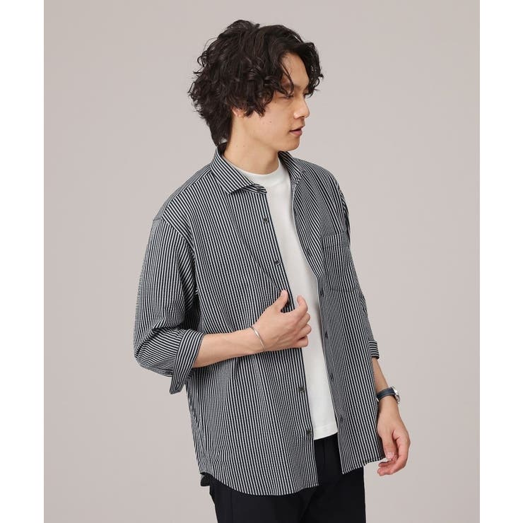 ダークネイビー(394) | 【抗菌防臭／7分袖】サッカージャージ ストライプシャツ | TAKEO KIKUCHI