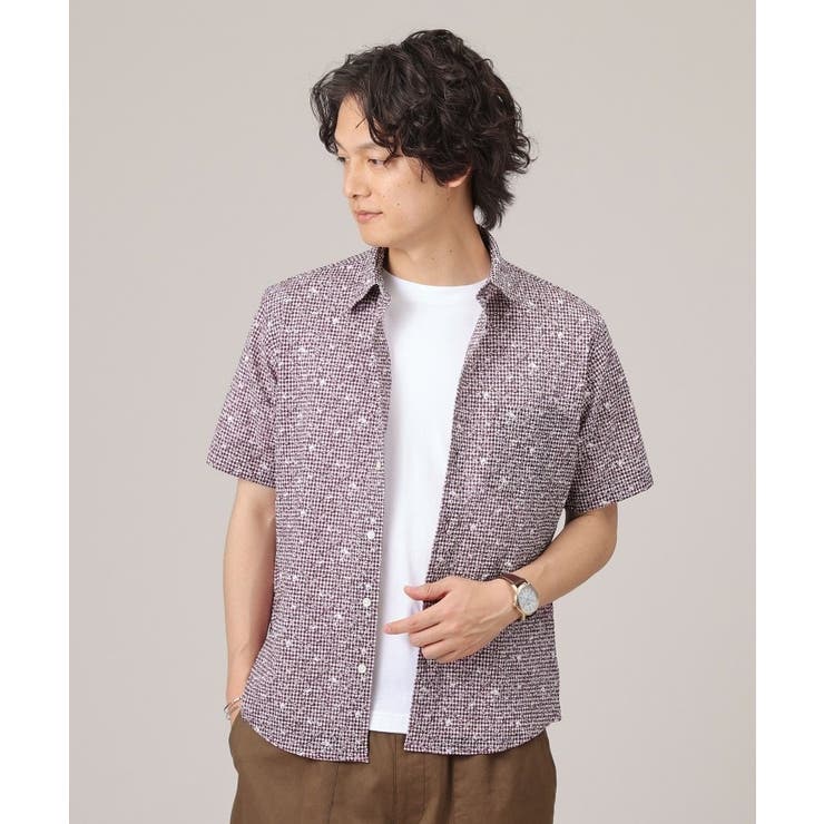 ボルドー・ギンガム小花チェック(264) | 【無地・チェック・ボタニカル柄】リップル シャツ | TAKEO KIKUCHI