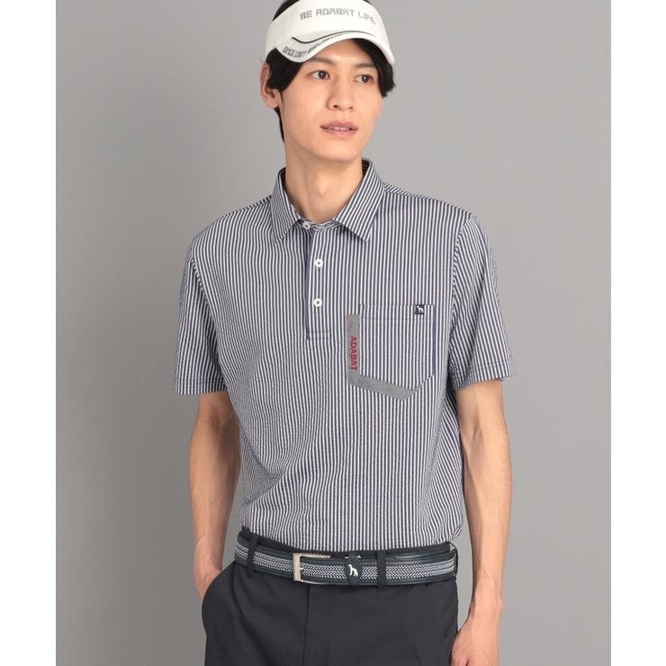 ブルー(393) | サッカーストライプ ポケットあり 半袖ポロシャツ | adabatmen