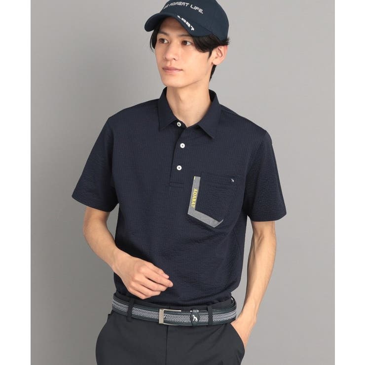 ネイビー(394) | サッカーストライプ ポケットあり 半袖ポロシャツ | adabatmen