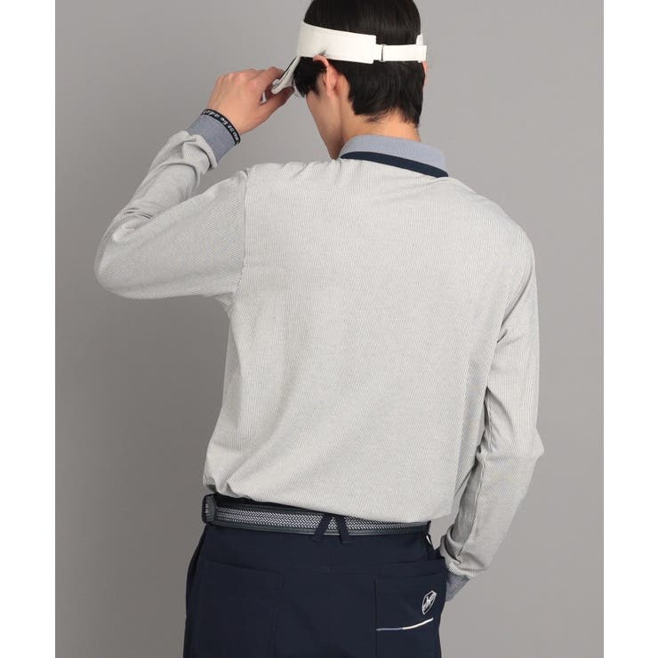 UVカット/吸水速乾】ストライプデザイン ポケットあり 長袖ポロシャツ