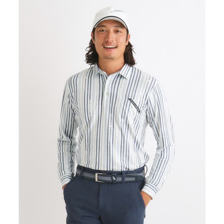 ホワイト(201) | JAZZモチーフ ストライプデザイン 長袖ポロシャツ | adabatmen