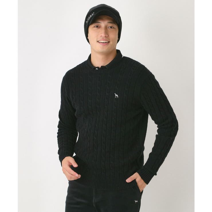 ブラック(019) | ケーブル柄クルーネックニット | adabatmen
