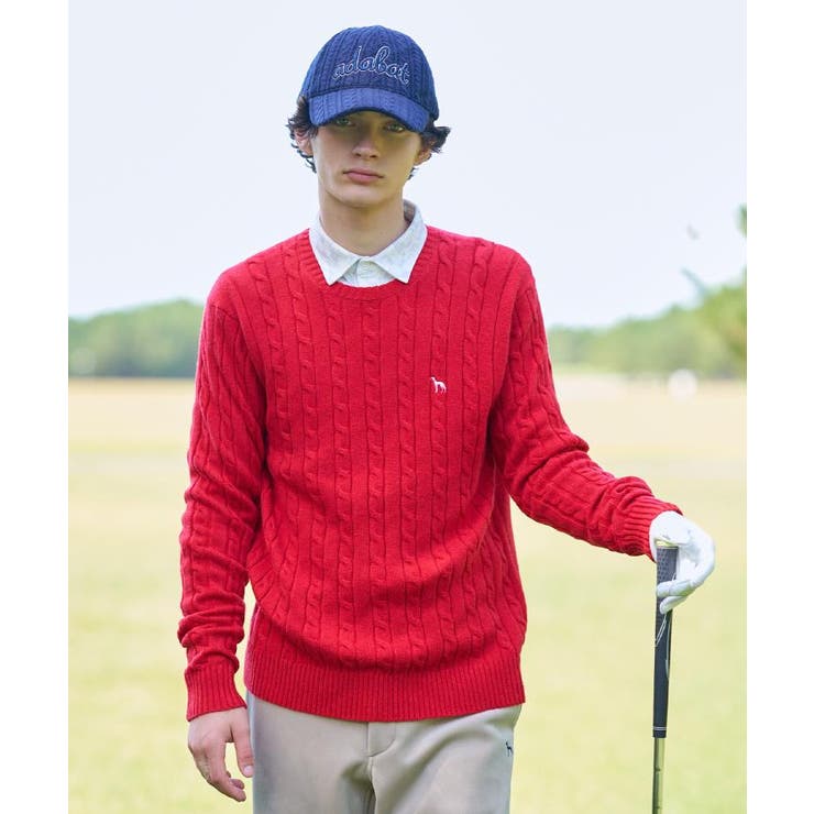 レッド(062) | ケーブル柄クルーネックニット | adabatmen