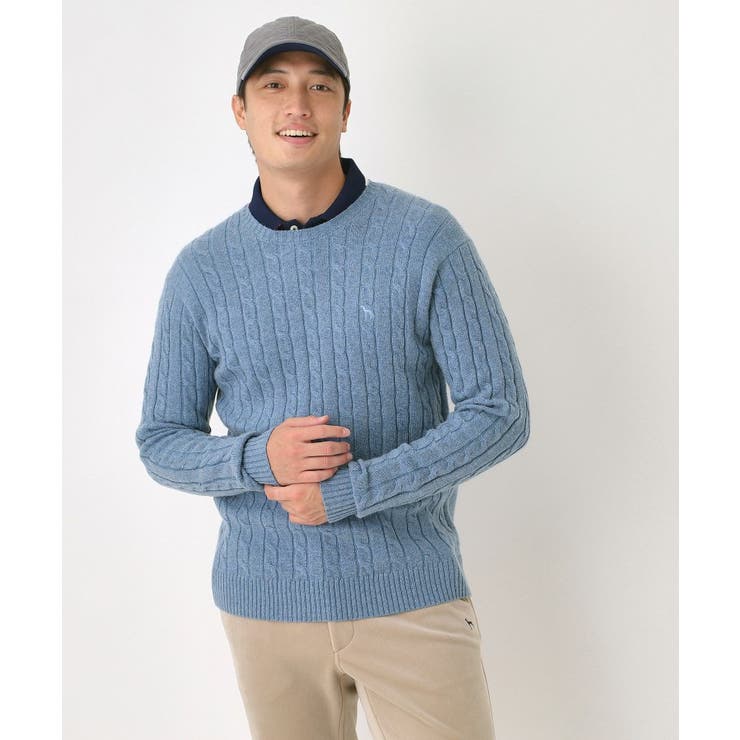 ブルー(091) | ケーブル柄クルーネックニット | adabatmen