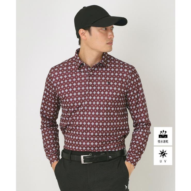ボルドー(164) | 【UVカット・吸水速乾】アスコットプリント長袖ポロシャツ | adabatmen