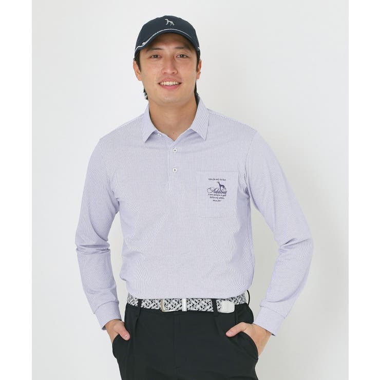 ブルー(393) | 吸水速乾シャンブレーストライプ長袖ポロシャツ | adabatmen