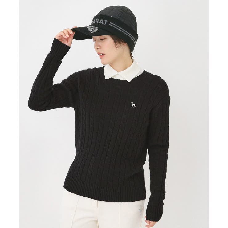 ブラック(019) | ケーブル柄クルーネックニット | adabat