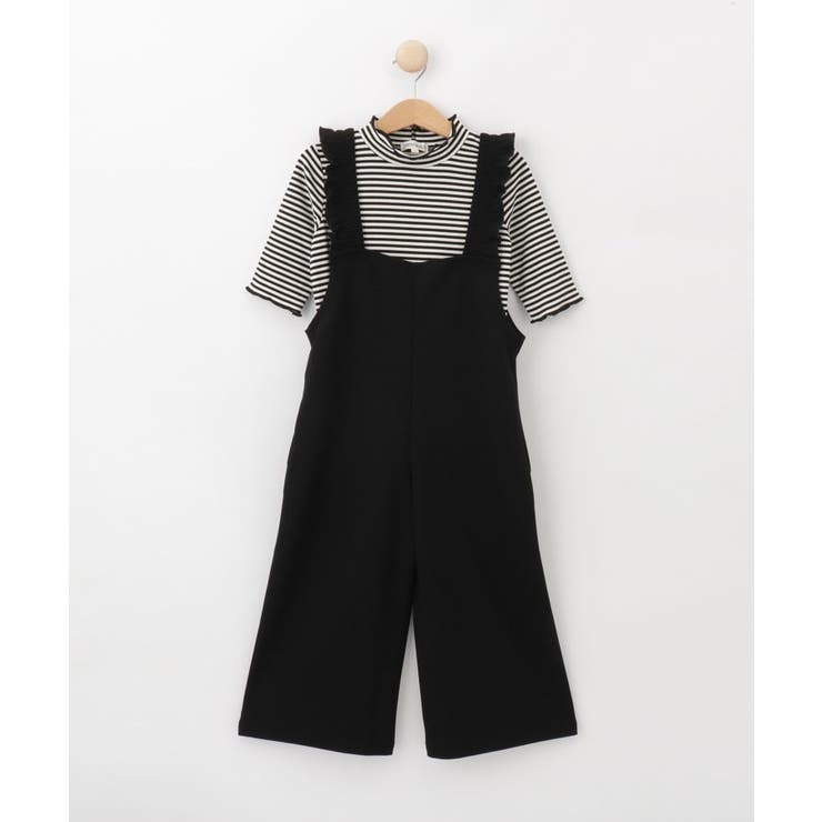 ブラック(019) | 【110-140cm/2点セット】フリルサロペット＋5分袖ボーダートップス | SHOO・LA・RUE