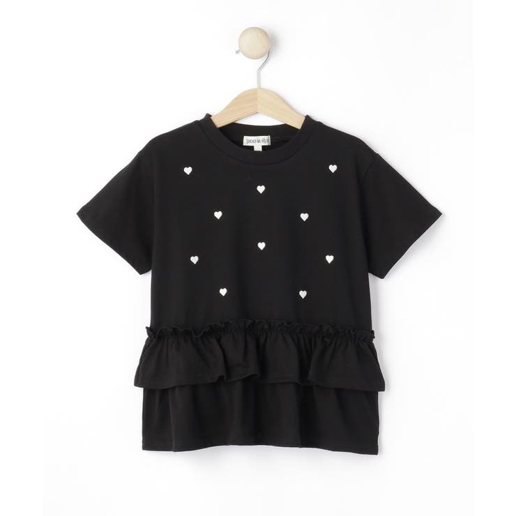 ブラック(019) | 【100-150cm】裾フリルハート刺繍Tシャツ | SHOO・LA・RUE