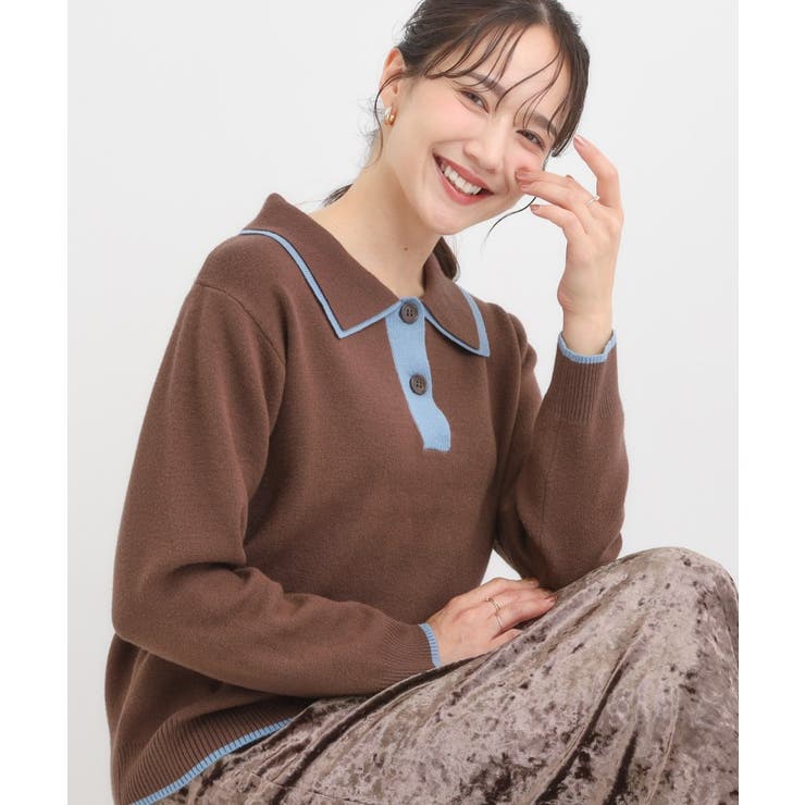 ブラウン(043) | 【S-LL】配色がポイントの2枚襟ポロニット | Cutie Blonde