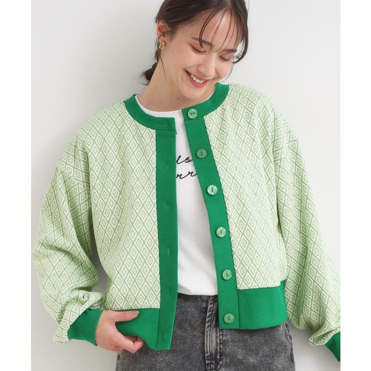 グリーン(422) | 【前後2WAY】柄と配色で差がつく ふくれジャカードカーディガン | Cutie Blonde