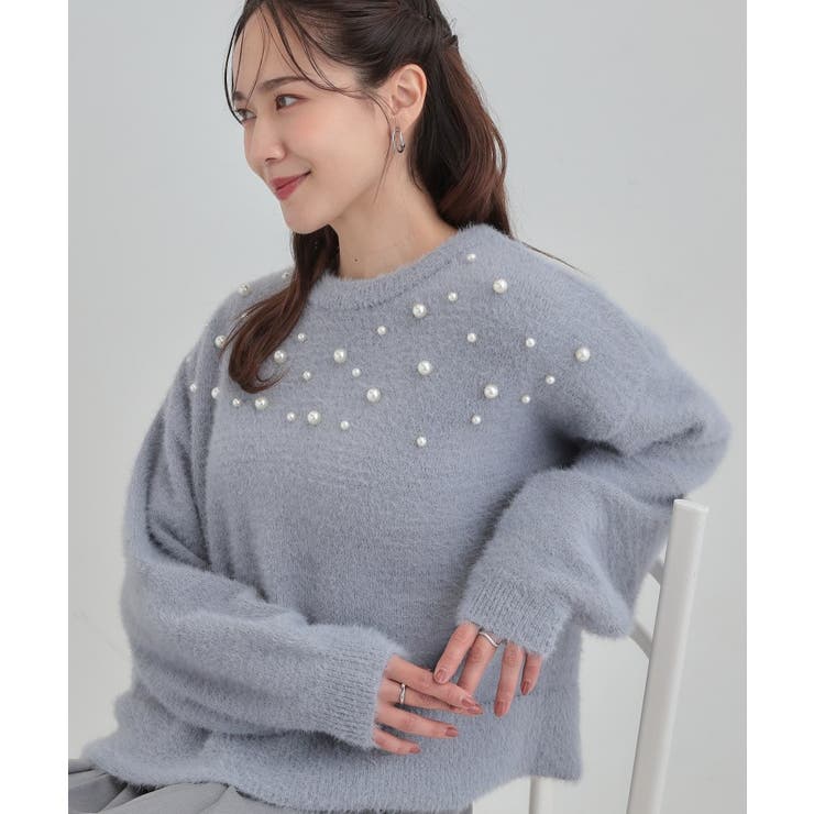 ブルー(091) | 大人きらめく ふわふわパール調ニット | Cutie Blonde